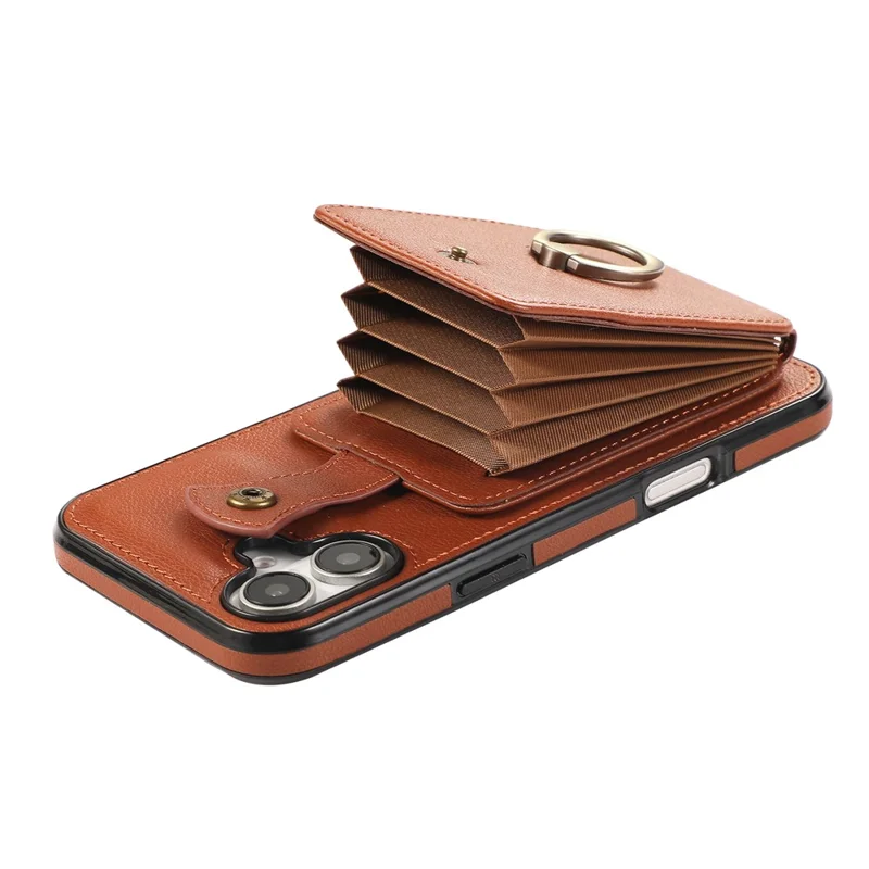 For iPhone 16 Case Card Holder Ring Kickstand TPU + PU Leather Phone Cover with Long Strap - Brown