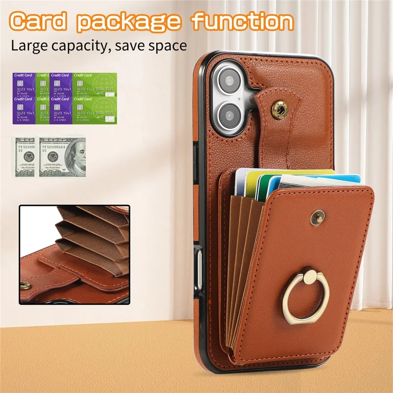For iPhone 16 Case Card Holder Ring Kickstand TPU + PU Leather Phone Cover with Long Strap - Brown