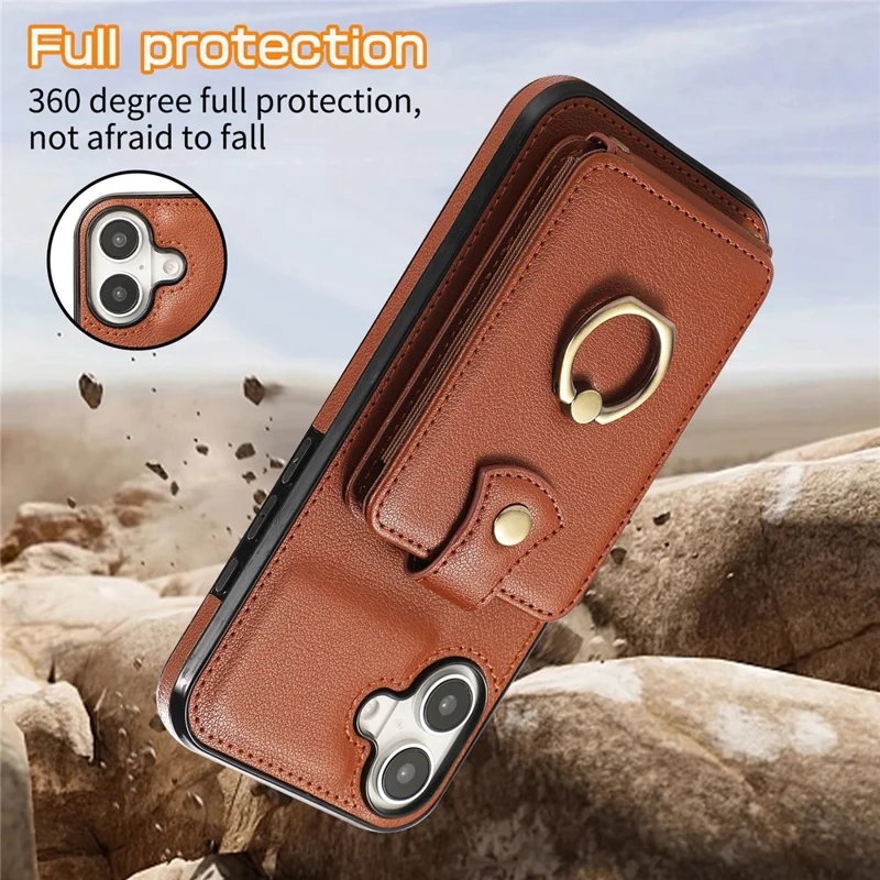 For iPhone 16 Case Card Holder Ring Kickstand TPU + PU Leather Phone Cover with Long Strap - Brown
