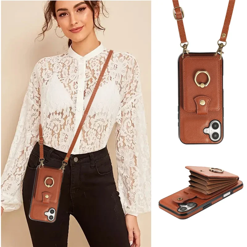 For iPhone 16 Case Card Holder Ring Kickstand TPU + PU Leather Phone Cover with Long Strap - Brown