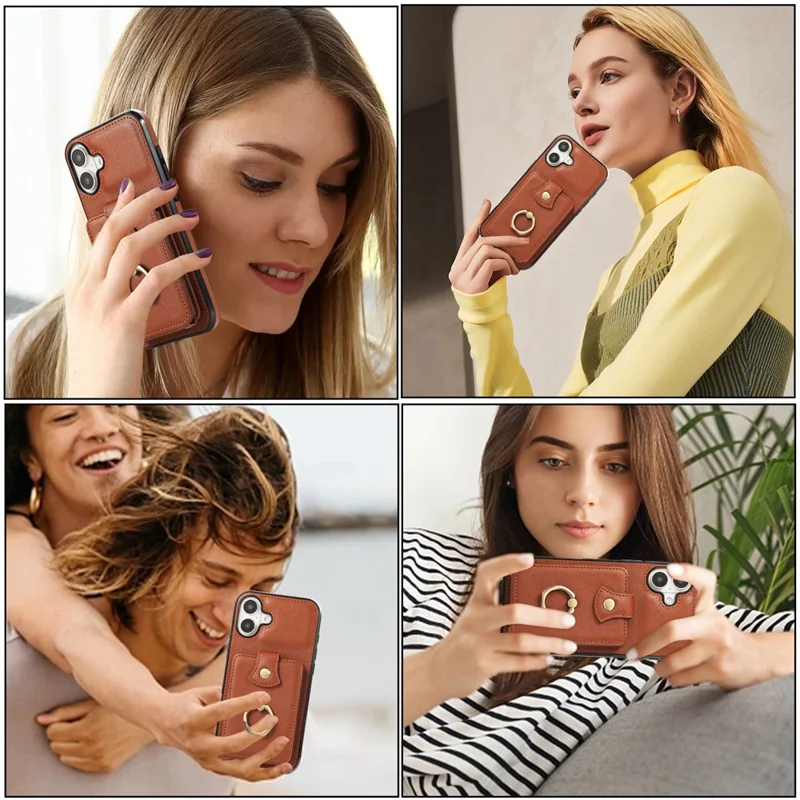 For iPhone 16 Case Card Holder Ring Kickstand TPU + PU Leather Phone Cover with Long Strap - Brown