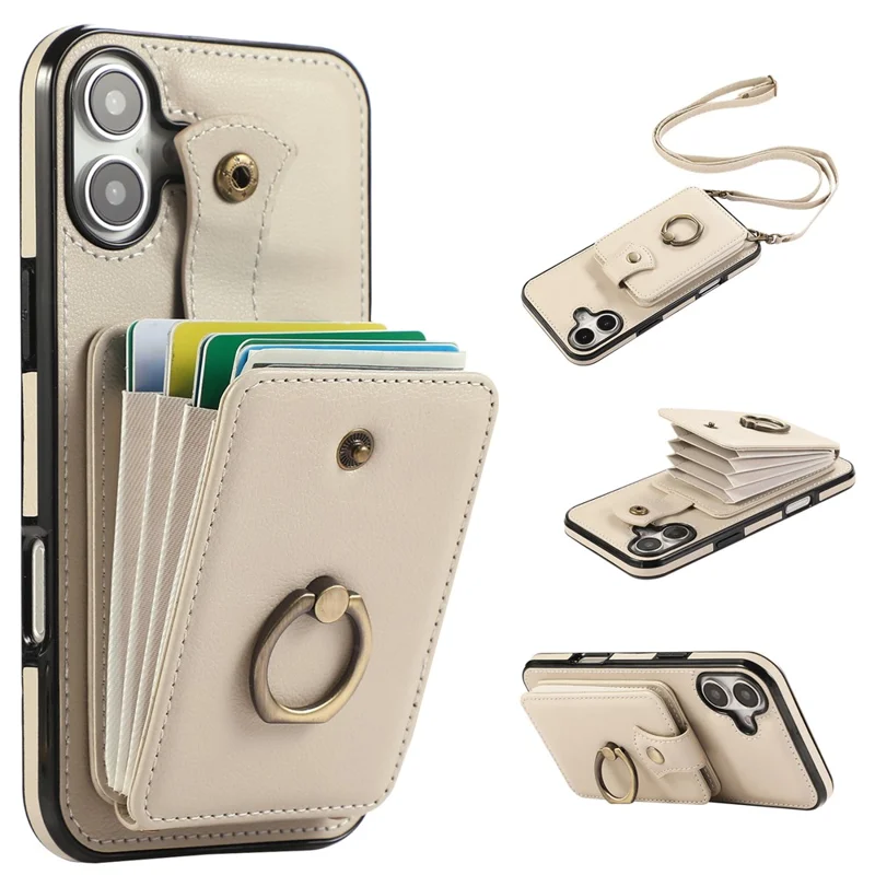 For iPhone 16 Case Card Holder Ring Kickstand TPU + PU Leather Phone Cover with Long Strap - Beige