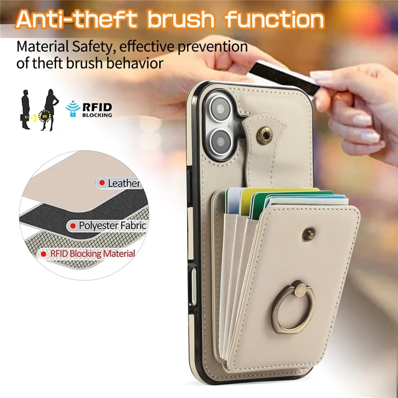 For iPhone 16 Case Card Holder Ring Kickstand TPU + PU Leather Phone Cover with Long Strap - Beige