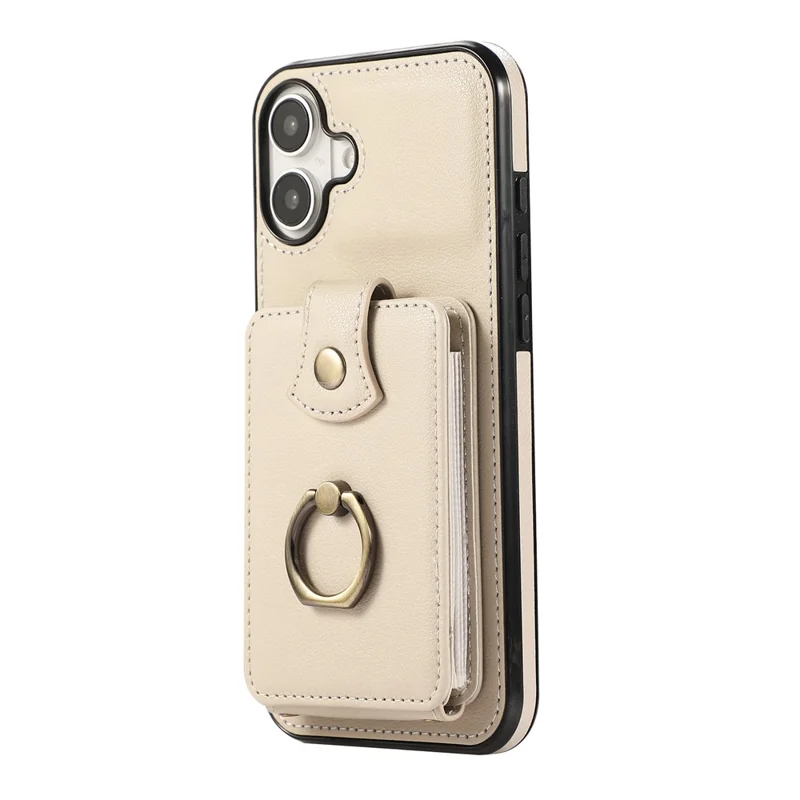 For iPhone 16 Case Card Holder Ring Kickstand TPU + PU Leather Phone Cover with Long Strap - Beige