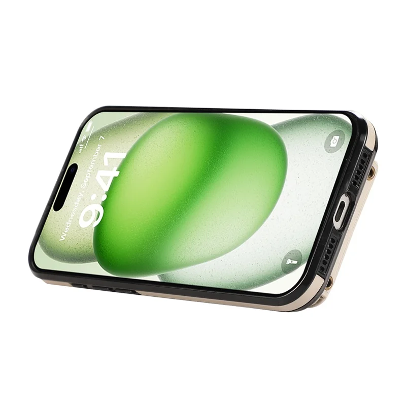 For iPhone 16 Case Card Holder Ring Kickstand TPU + PU Leather Phone Cover with Long Strap - Beige