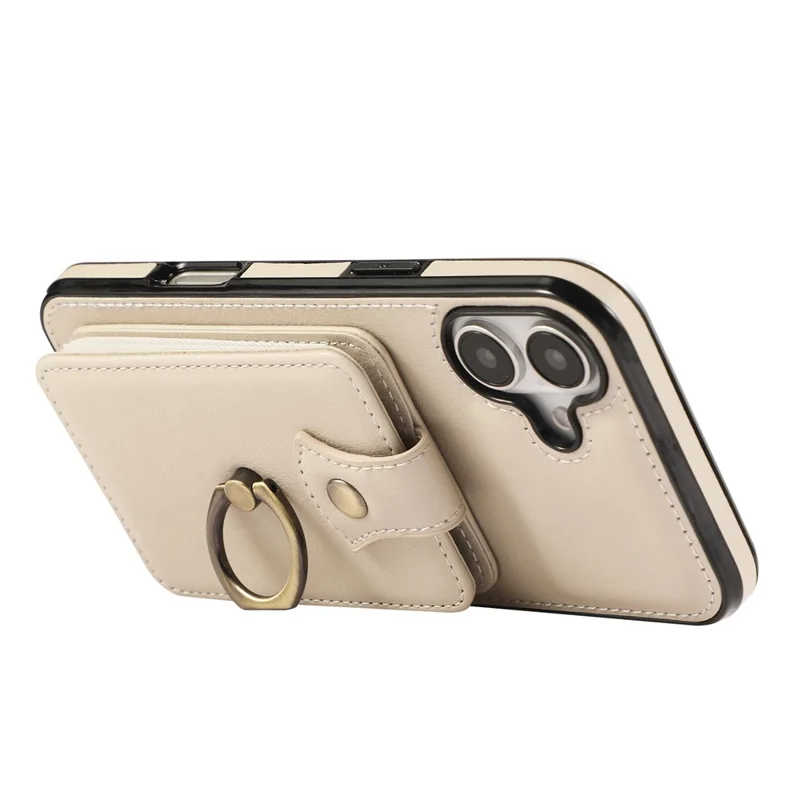 For iPhone 16 Case Card Holder Ring Kickstand TPU + PU Leather Phone Cover with Long Strap - Beige