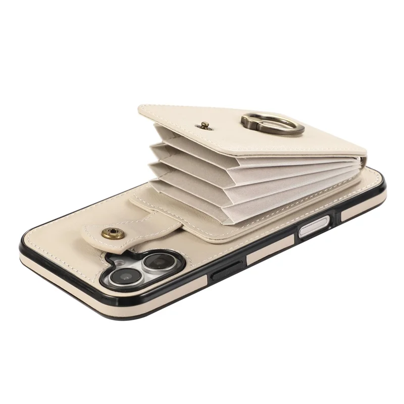 For iPhone 16 Case Card Holder Ring Kickstand TPU + PU Leather Phone Cover with Long Strap - Beige