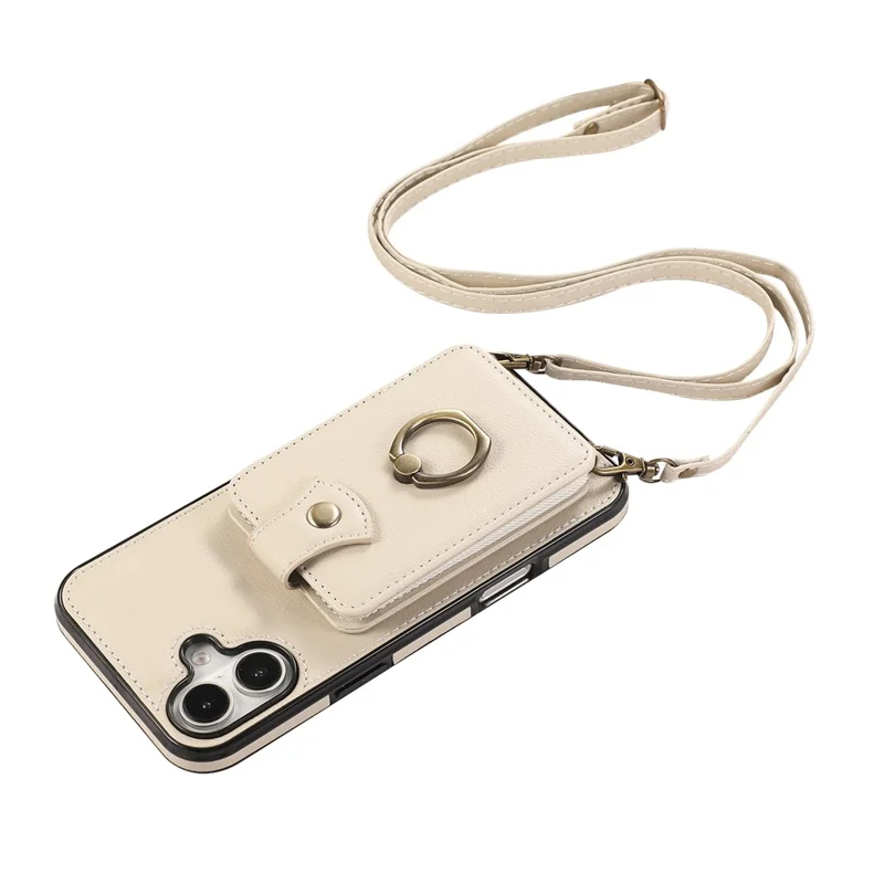 For iPhone 16 Case Card Holder Ring Kickstand TPU + PU Leather Phone Cover with Long Strap - Beige