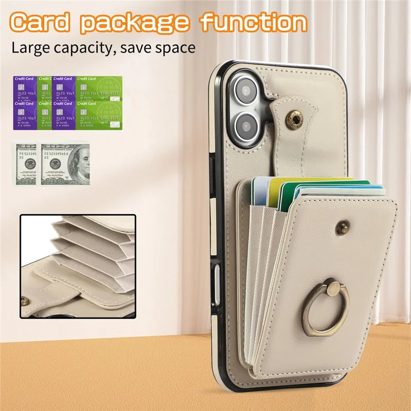 For iPhone 16 Case Card Holder Ring Kickstand TPU + PU Leather Phone Cover with Long Strap - Beige