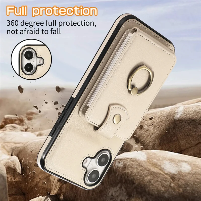 For iPhone 16 Case Card Holder Ring Kickstand TPU + PU Leather Phone Cover with Long Strap - Beige