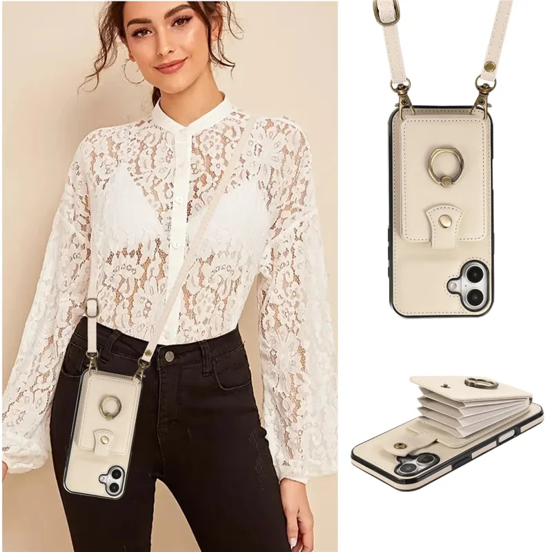 For iPhone 16 Case Card Holder Ring Kickstand TPU + PU Leather Phone Cover with Long Strap - Beige