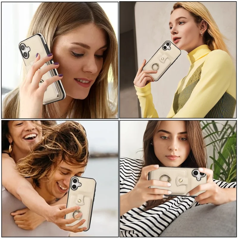 For iPhone 16 Case Card Holder Ring Kickstand TPU + PU Leather Phone Cover with Long Strap - Beige