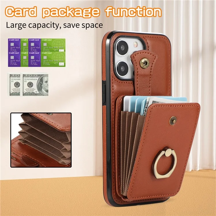For iPhone 15 Pro Max Case Card Holder Ring Kickstand TPU + PU Leather Phone Cover with Long Strap - Brown