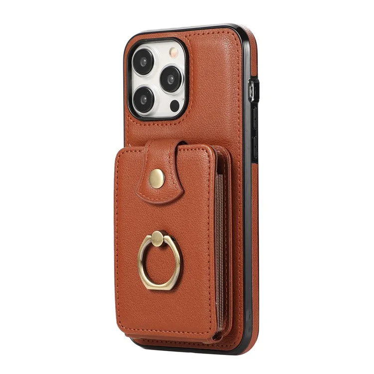 For iPhone 15 Pro Max Case Card Holder Ring Kickstand TPU + PU Leather Phone Cover with Long Strap - Brown