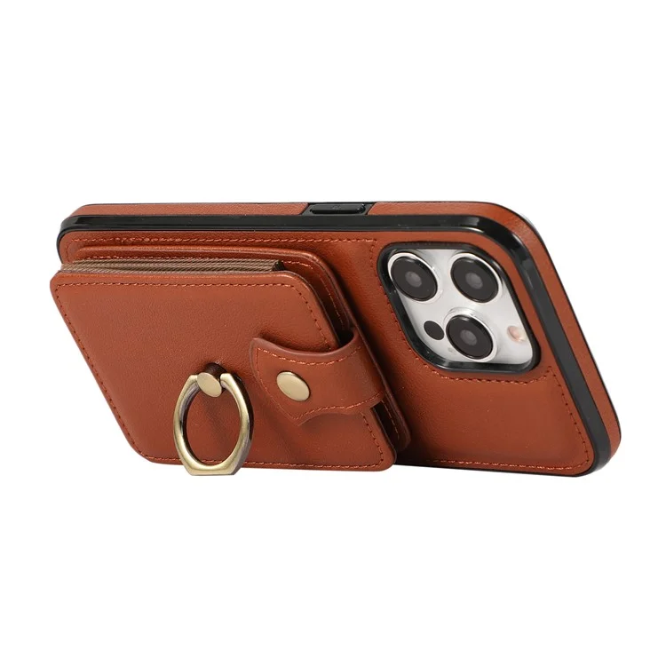For iPhone 15 Pro Max Case Card Holder Ring Kickstand TPU + PU Leather Phone Cover with Long Strap - Brown