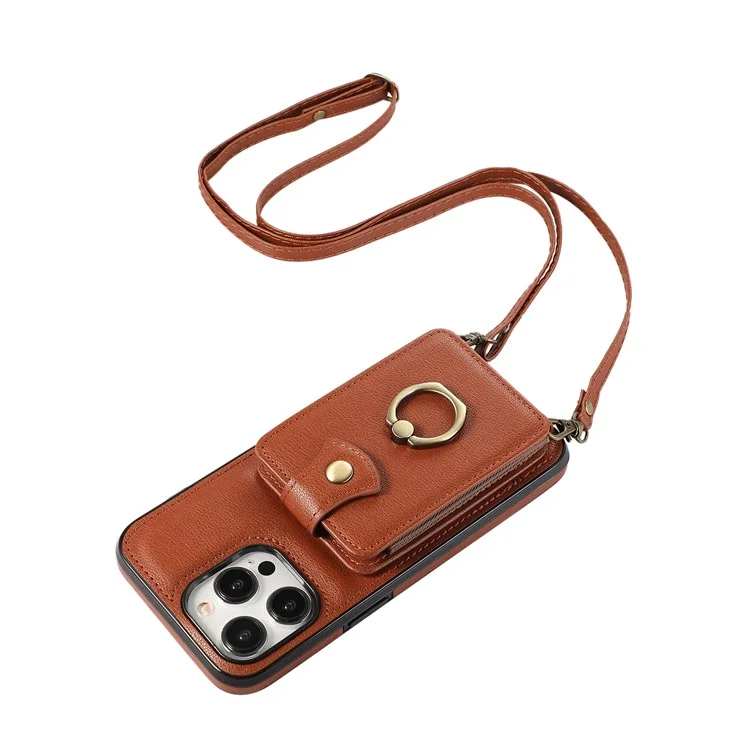 For iPhone 15 Pro Max Case Card Holder Ring Kickstand TPU + PU Leather Phone Cover with Long Strap - Brown