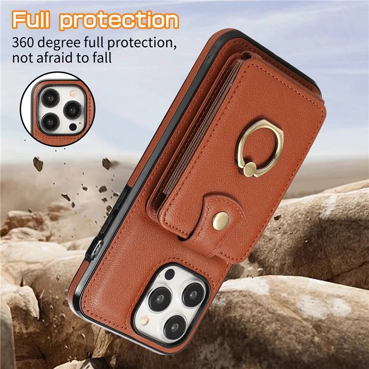 For iPhone 15 Pro Max Case Card Holder Ring Kickstand TPU + PU Leather Phone Cover with Long Strap - Brown