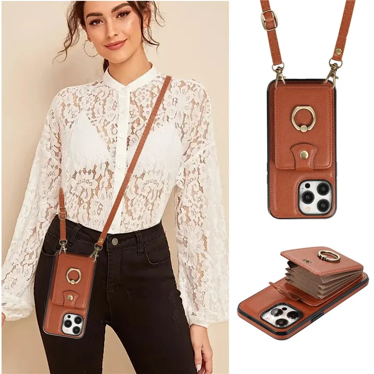 For iPhone 15 Pro Max Case Card Holder Ring Kickstand TPU + PU Leather Phone Cover with Long Strap - Brown
