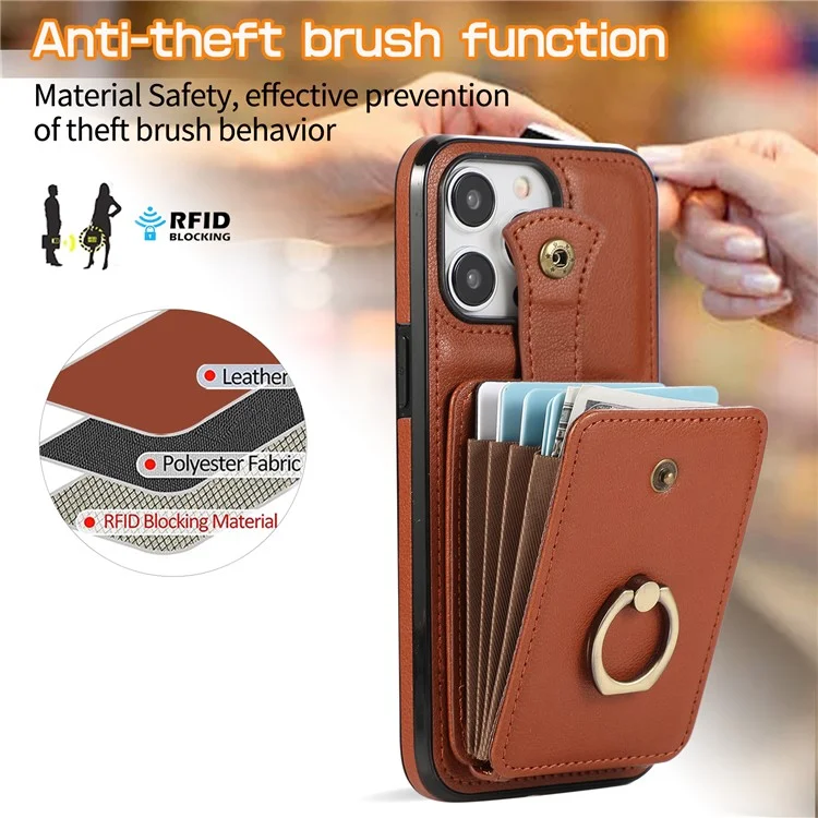 For iPhone 15 Pro Max Case Card Holder Ring Kickstand TPU + PU Leather Phone Cover with Long Strap - Brown