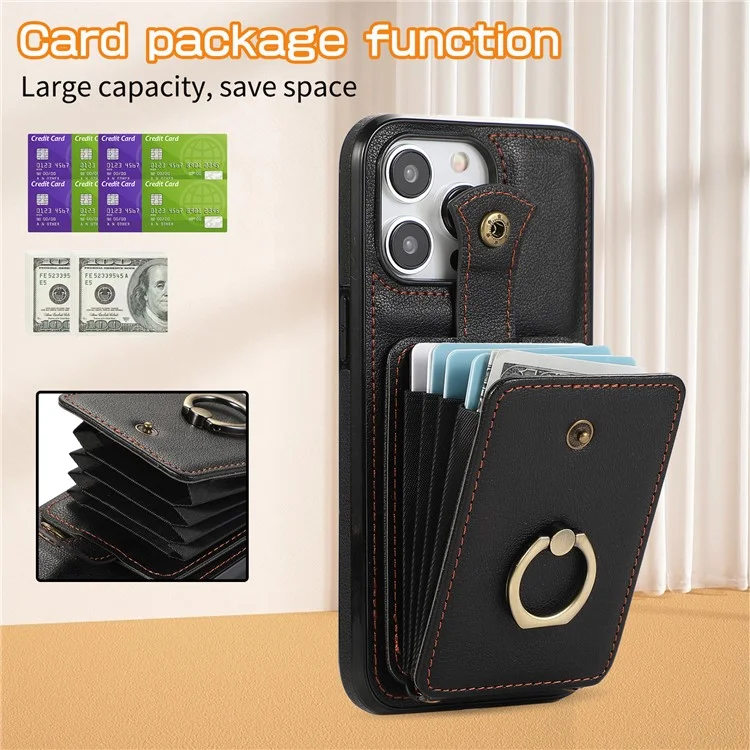 For iPhone 15 Pro Case Card Holder Ring Kickstand TPU + PU Leather Phone Cover with Long Strap - Black