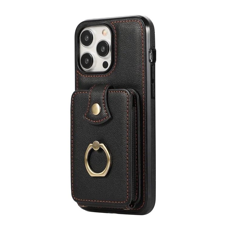 For iPhone 15 Pro Case Card Holder Ring Kickstand TPU + PU Leather Phone Cover with Long Strap - Black