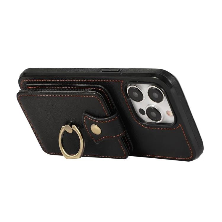 For iPhone 15 Pro Case Card Holder Ring Kickstand TPU + PU Leather Phone Cover with Long Strap - Black
