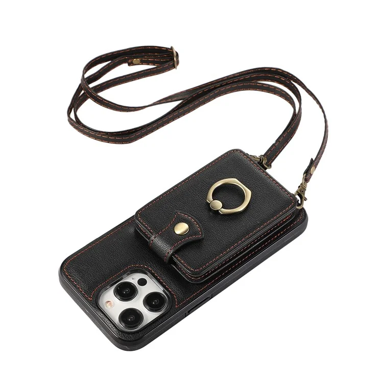 For iPhone 15 Pro Case Card Holder Ring Kickstand TPU + PU Leather Phone Cover with Long Strap - Black