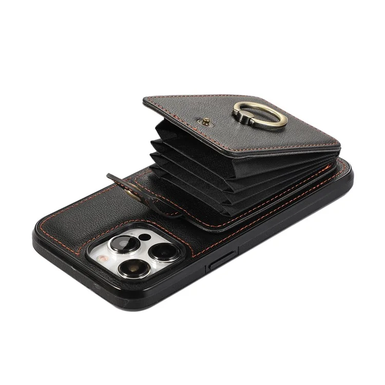 For iPhone 15 Pro Case Card Holder Ring Kickstand TPU + PU Leather Phone Cover with Long Strap - Black