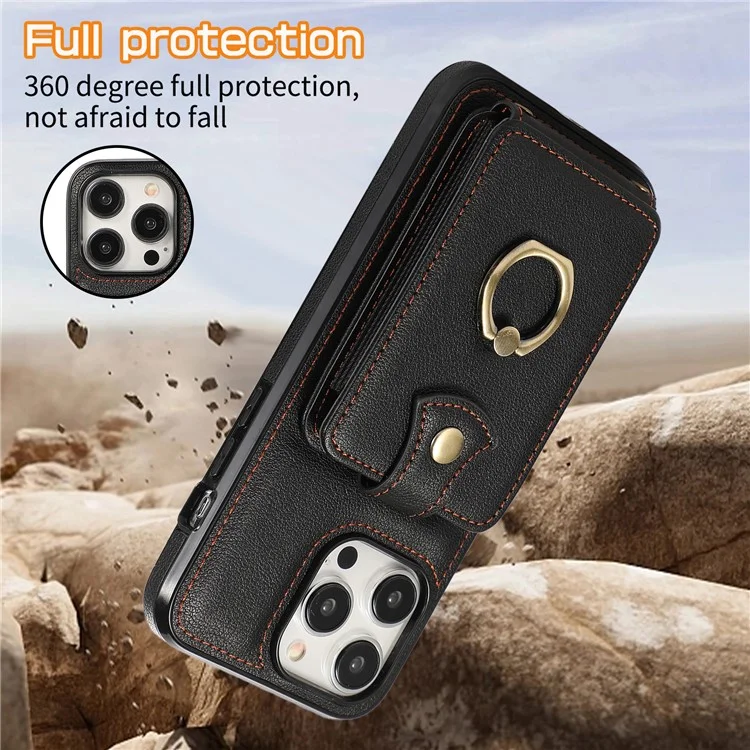 For iPhone 15 Pro Case Card Holder Ring Kickstand TPU + PU Leather Phone Cover with Long Strap - Black
