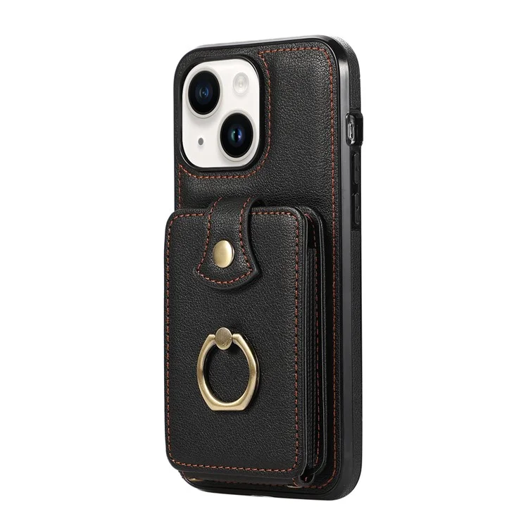 For iPhone 15 Case Card Holder Ring Kickstand TPU + PU Leather Phone Cover with Long Strap - Black