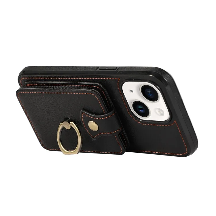 For iPhone 15 Case Card Holder Ring Kickstand TPU + PU Leather Phone Cover with Long Strap - Black