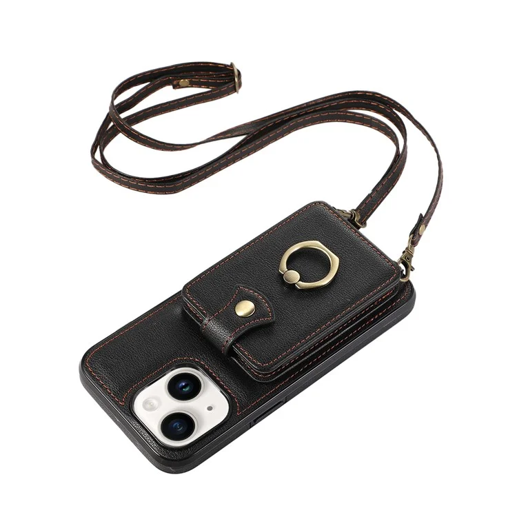 For iPhone 15 Case Card Holder Ring Kickstand TPU + PU Leather Phone Cover with Long Strap - Black