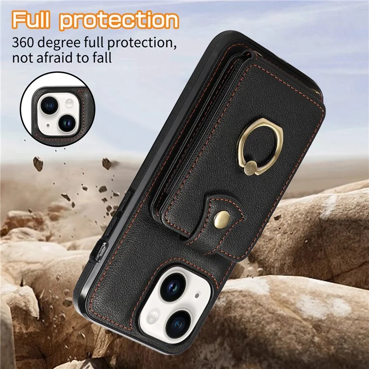 For iPhone 15 Case Card Holder Ring Kickstand TPU + PU Leather Phone Cover with Long Strap - Black