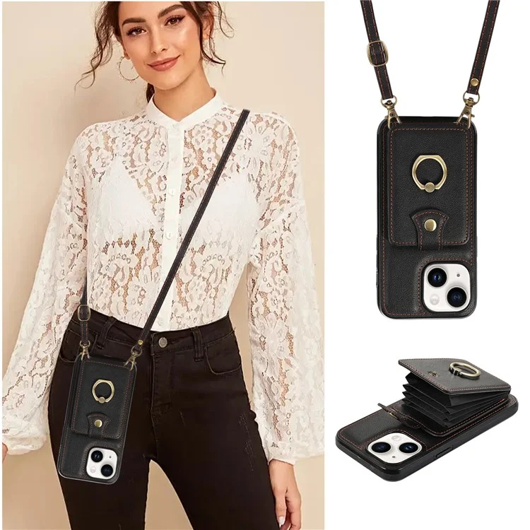 For iPhone 15 Case Card Holder Ring Kickstand TPU + PU Leather Phone Cover with Long Strap - Black