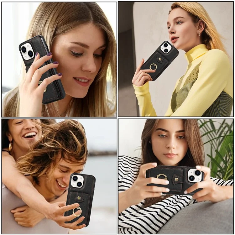 For iPhone 15 Case Card Holder Ring Kickstand TPU + PU Leather Phone Cover with Long Strap - Black