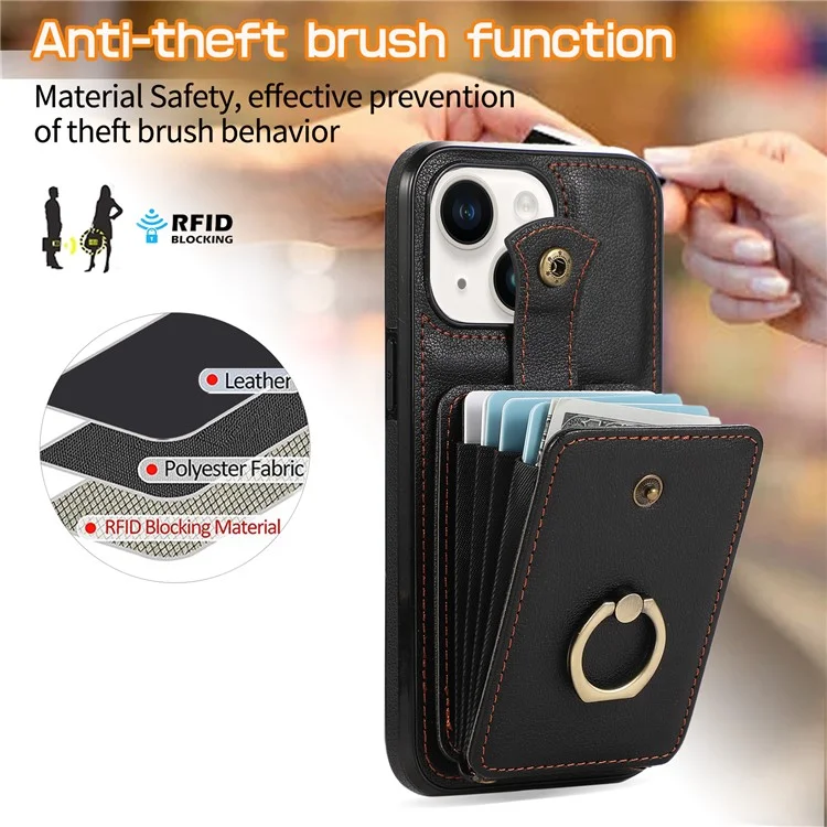 For iPhone 15 Case Card Holder Ring Kickstand TPU + PU Leather Phone Cover with Long Strap - Black