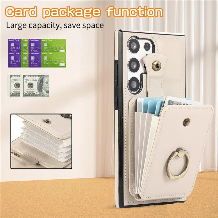 For Samsung Galaxy S25 Ultra Case Card Holder Ring Kickstand TPU + PU Leather Phone Cover with Long Strap - Beige