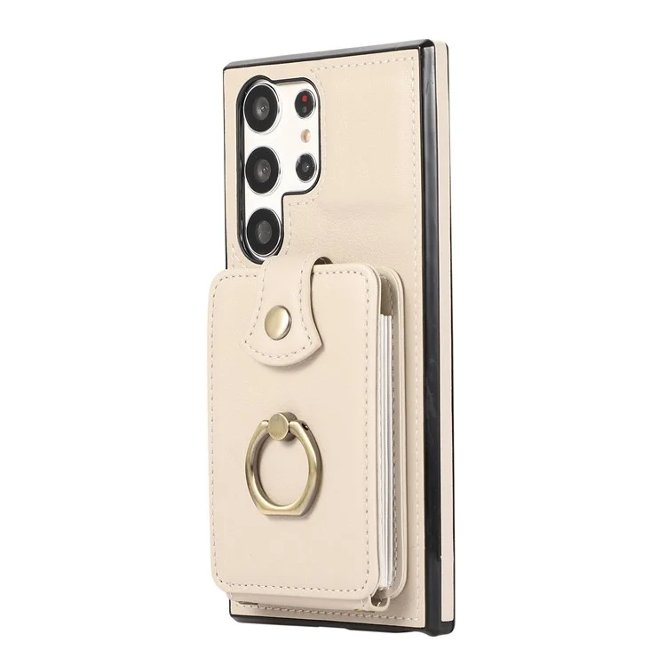 For Samsung Galaxy S25 Ultra Case Card Holder Ring Kickstand TPU + PU Leather Phone Cover with Long Strap - Beige