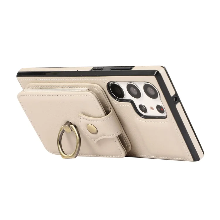 For Samsung Galaxy S25 Ultra Case Card Holder Ring Kickstand TPU + PU Leather Phone Cover with Long Strap - Beige
