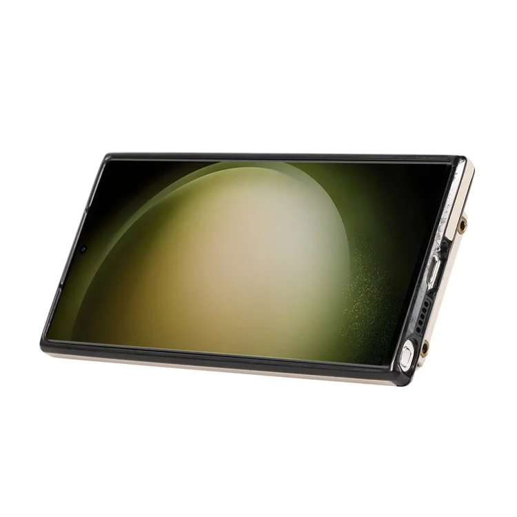 For Samsung Galaxy S25 Ultra Case Card Holder Ring Kickstand TPU + PU Leather Phone Cover with Long Strap - Beige
