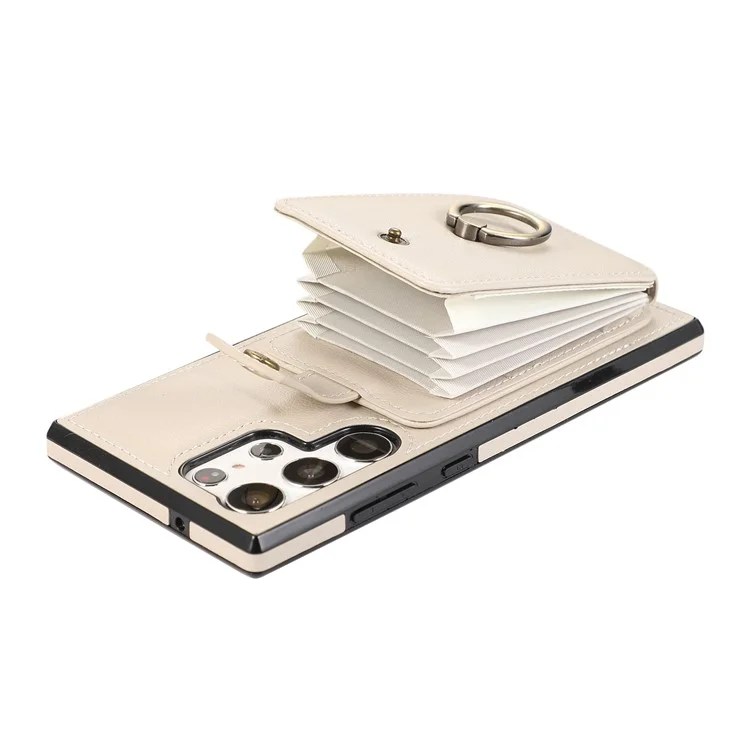 For Samsung Galaxy S25 Ultra Case Card Holder Ring Kickstand TPU + PU Leather Phone Cover with Long Strap - Beige