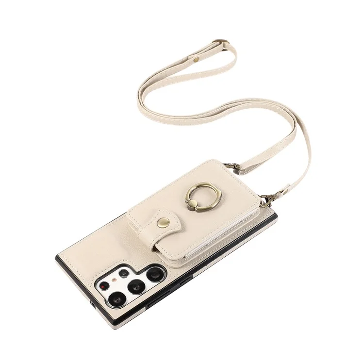For Samsung Galaxy S25 Ultra Case Card Holder Ring Kickstand TPU + PU Leather Phone Cover with Long Strap - Beige