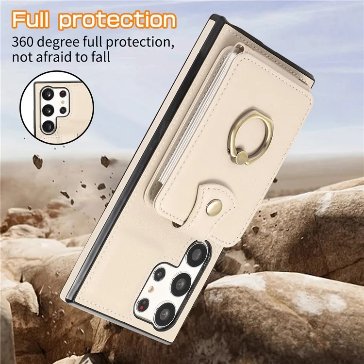 For Samsung Galaxy S25 Ultra Case Card Holder Ring Kickstand TPU + PU Leather Phone Cover with Long Strap - Beige