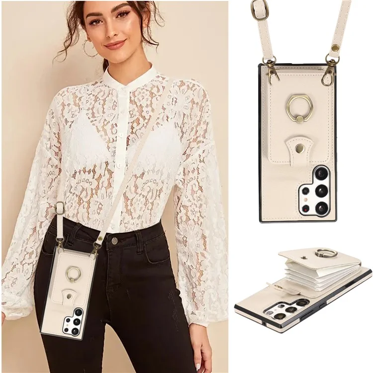 For Samsung Galaxy S25 Ultra Case Card Holder Ring Kickstand TPU + PU Leather Phone Cover with Long Strap - Beige