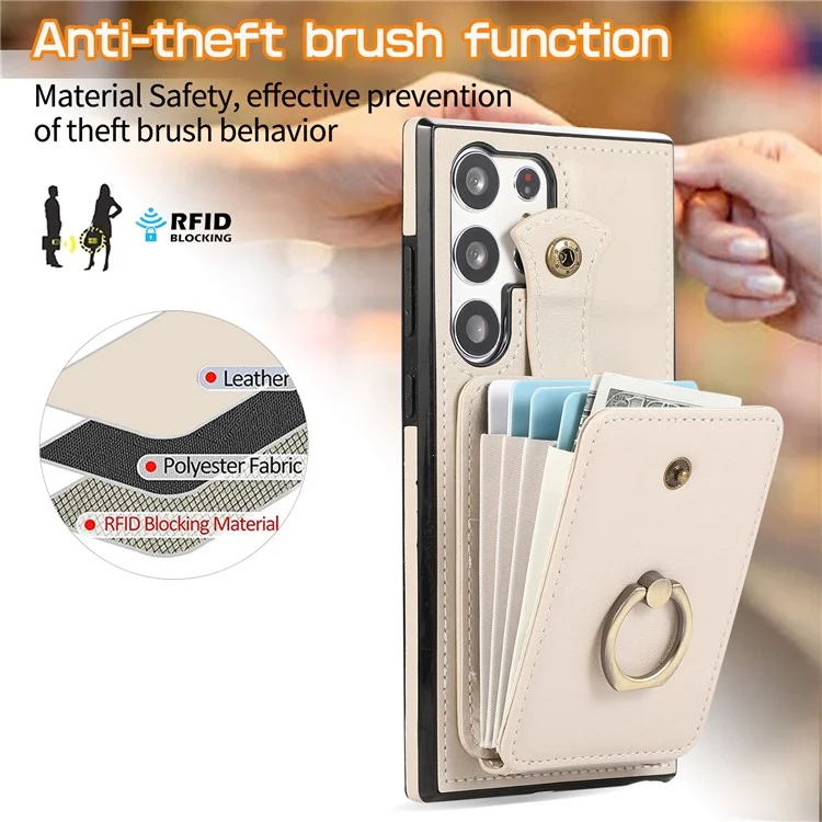 For Samsung Galaxy S25 Ultra Case Card Holder Ring Kickstand TPU + PU Leather Phone Cover with Long Strap - Beige