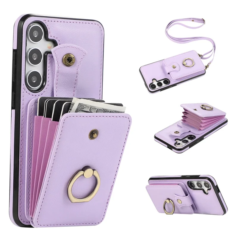 For Samsung Galaxy S24 FE Case Card Holder Ring Kickstand TPU + PU Leather Phone Cover with Long Strap - Purple