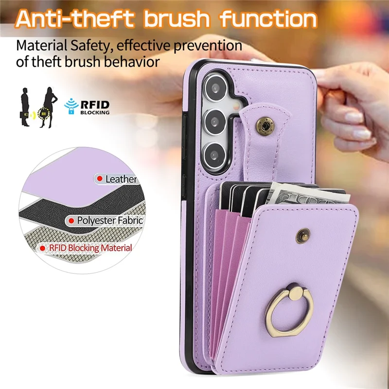For Samsung Galaxy S24 FE Case Card Holder Ring Kickstand TPU + PU Leather Phone Cover with Long Strap - Purple