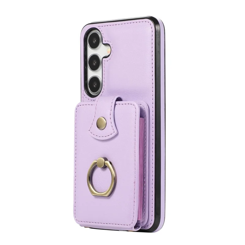 For Samsung Galaxy S24 FE Case Card Holder Ring Kickstand TPU + PU Leather Phone Cover with Long Strap - Purple
