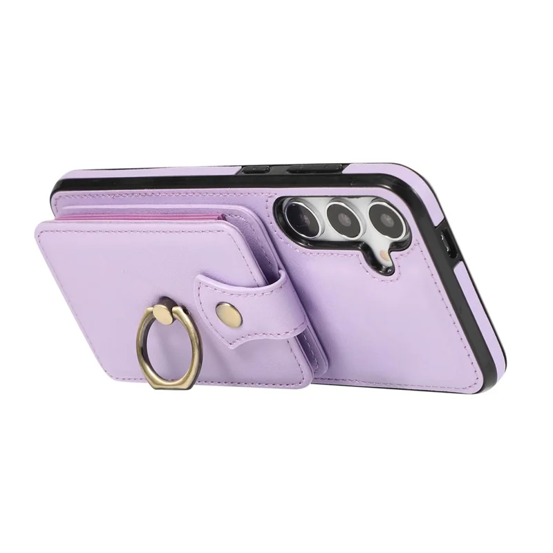 For Samsung Galaxy S24 FE Case Card Holder Ring Kickstand TPU + PU Leather Phone Cover with Long Strap - Purple