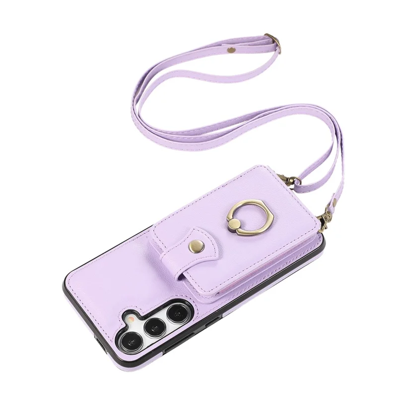 For Samsung Galaxy S24 FE Case Card Holder Ring Kickstand TPU + PU Leather Phone Cover with Long Strap - Purple